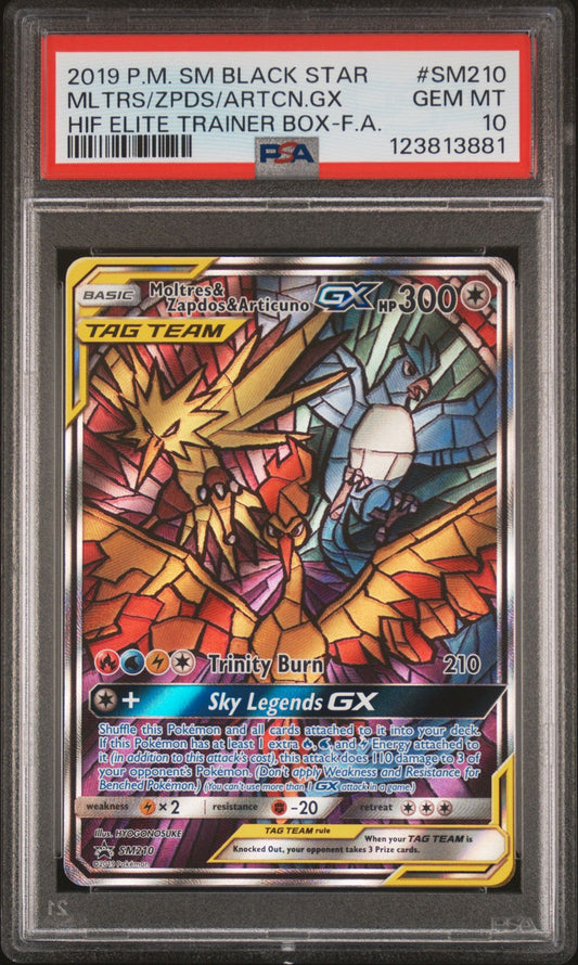 SM BLACK STAR PROMO SM210 FULL ART/MOLTRES & ZAPDOS & ARTICUNO GX HIDDEN FATES ELITE TRAINER BOX PSA 10