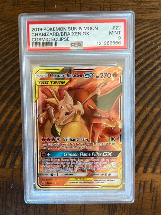 Charizard & Braixen GX - Cosmic Eclipse - PSA 9