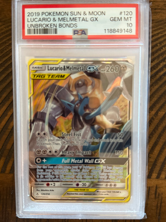 Lucario & Melmetal GX #120 - Unbroken Bonds - PSA 10